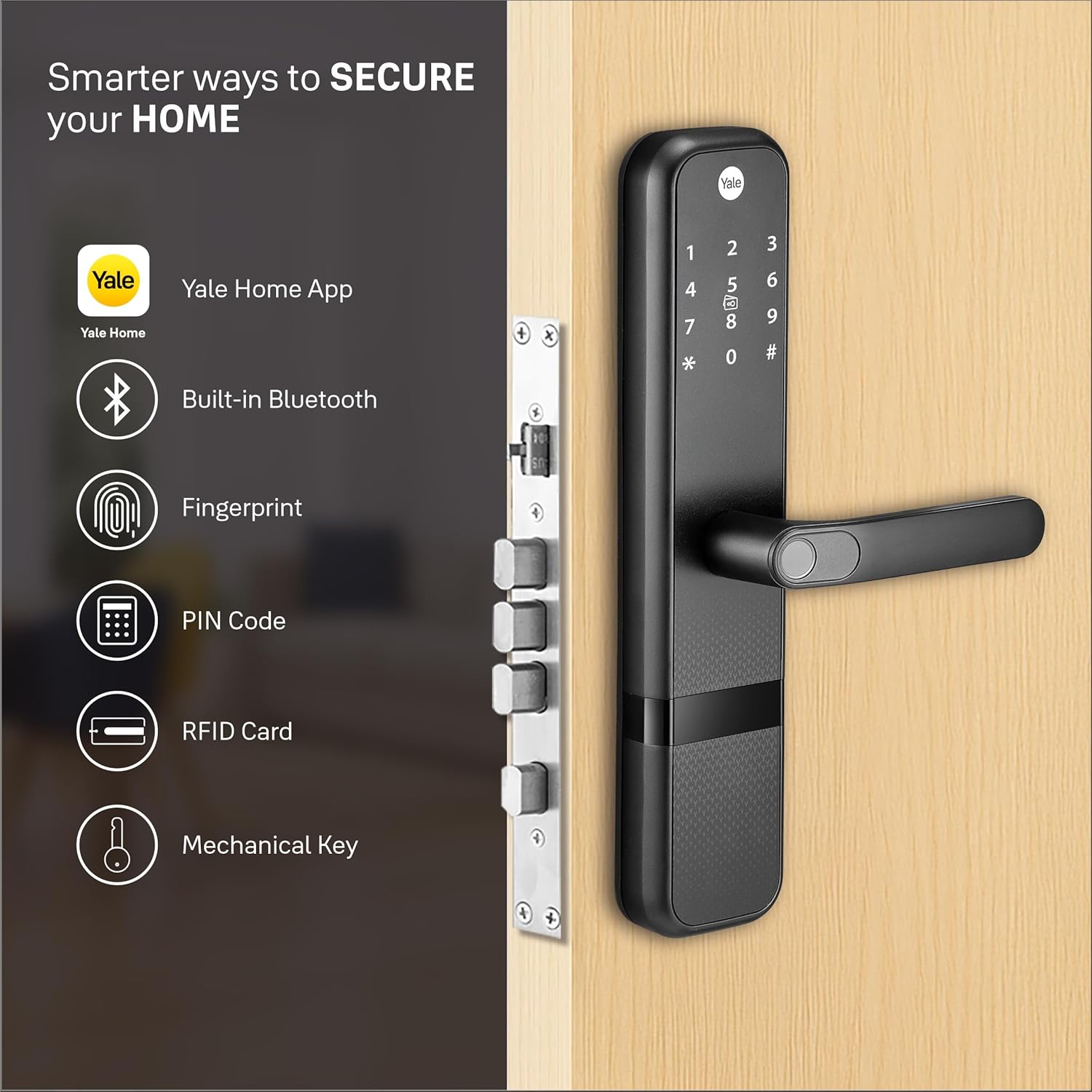 Yale Zuri Smart Door Lock with Fingerprint, PIN, RFID Card, Mechanical Key & Bluetooth App Control – Advanced 5-Way Security Smart Lock (Black) - Image 2
